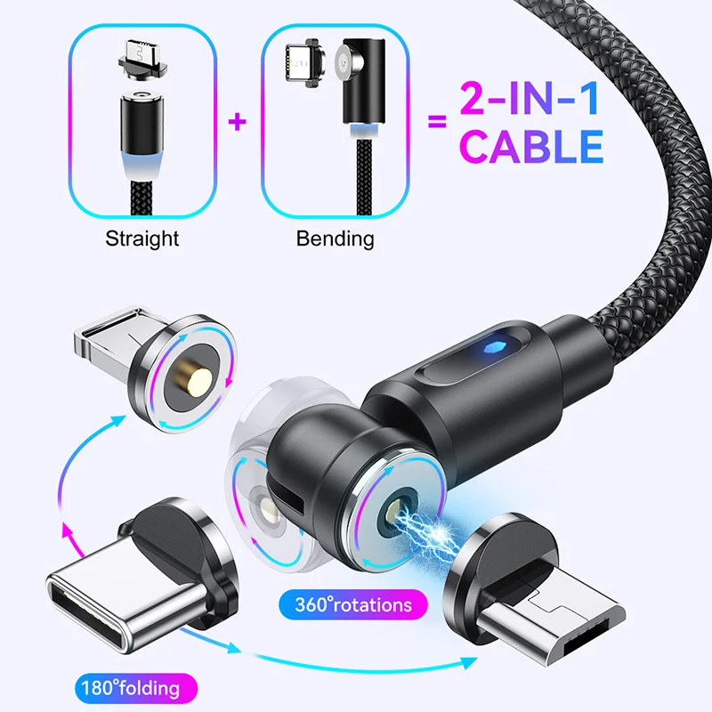 Newest 540 Degree Roating Magnetic Cable Micro USB Type C Phone For IPhone11 Pro XS Max Samsung Xiaomi Cord Wire | Мобильные