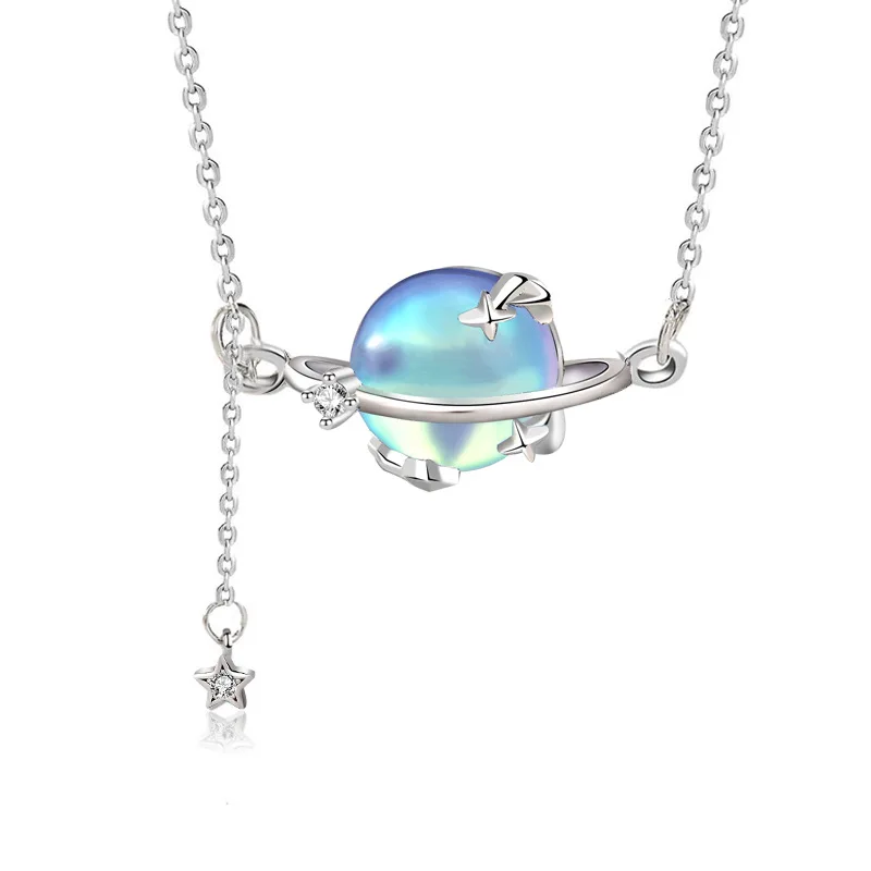 

S925 Sterling Silver Moonstone Planet Necklace Female Clavicle Chain Forest Simple Personality Minority Design Sense