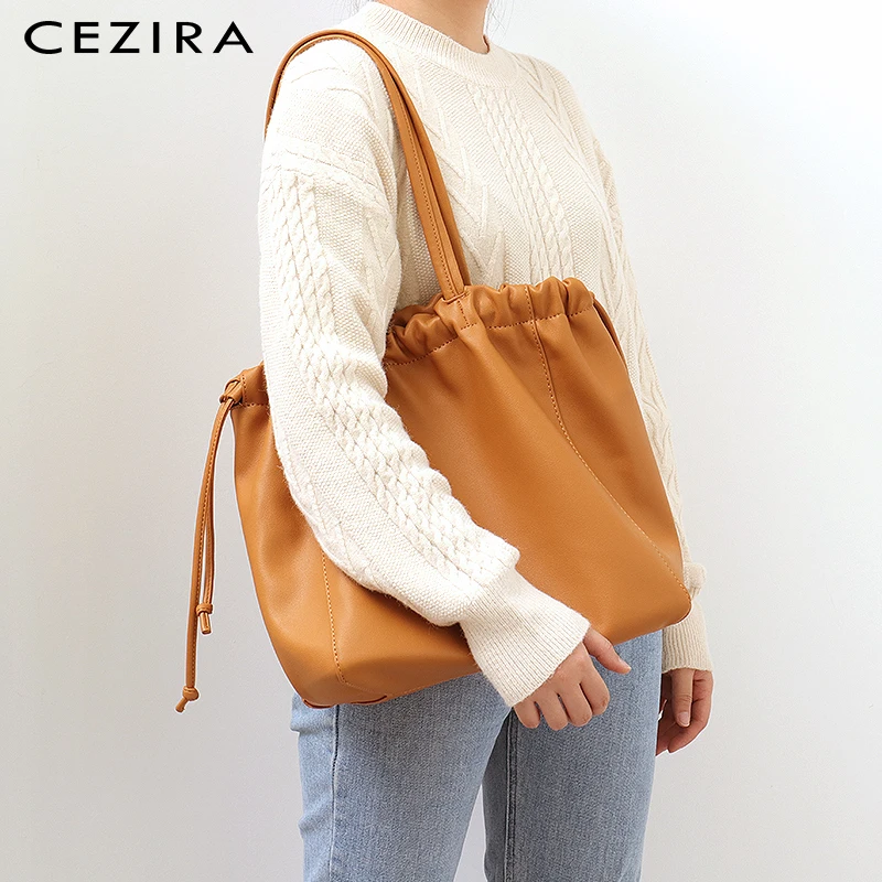 

CEZIRA High Quality Faux Leather Tote Women Large Shoulder Bag Lady Drawstring Bucket Hobo Handbag Soft PU Female Fashion Purse