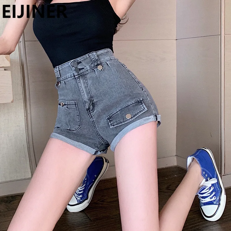 

Jean Shorts Women Summer 2021 Korean Fashion Sexy Pocket High Waist Straight Gray Distressed Hot Pants E-Girl Vintage Streetwear
