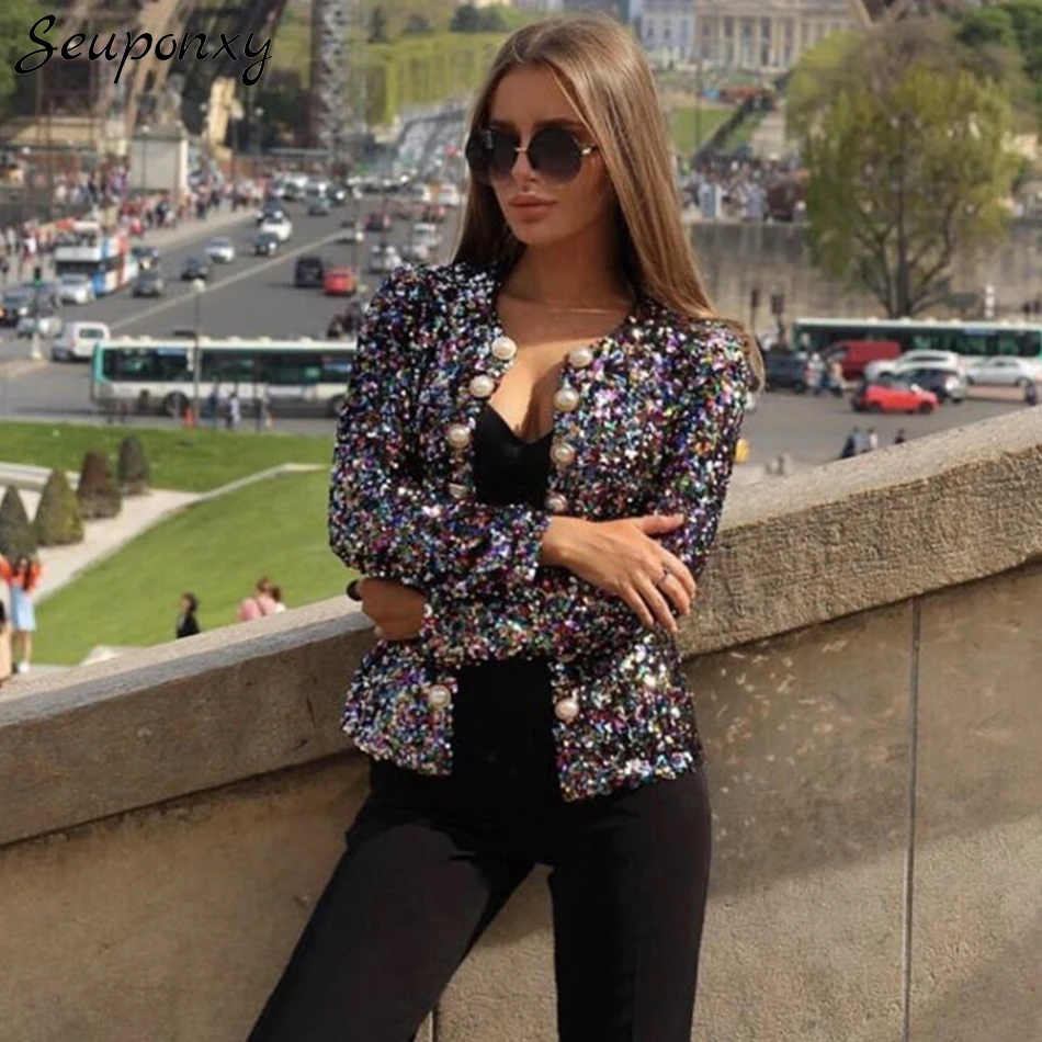 

High Quality 2022 New Fashion High Street Women'S Double Breasted Jacket Sexy V-Neck Long Sleeve Luxury Sequined Slim Coat