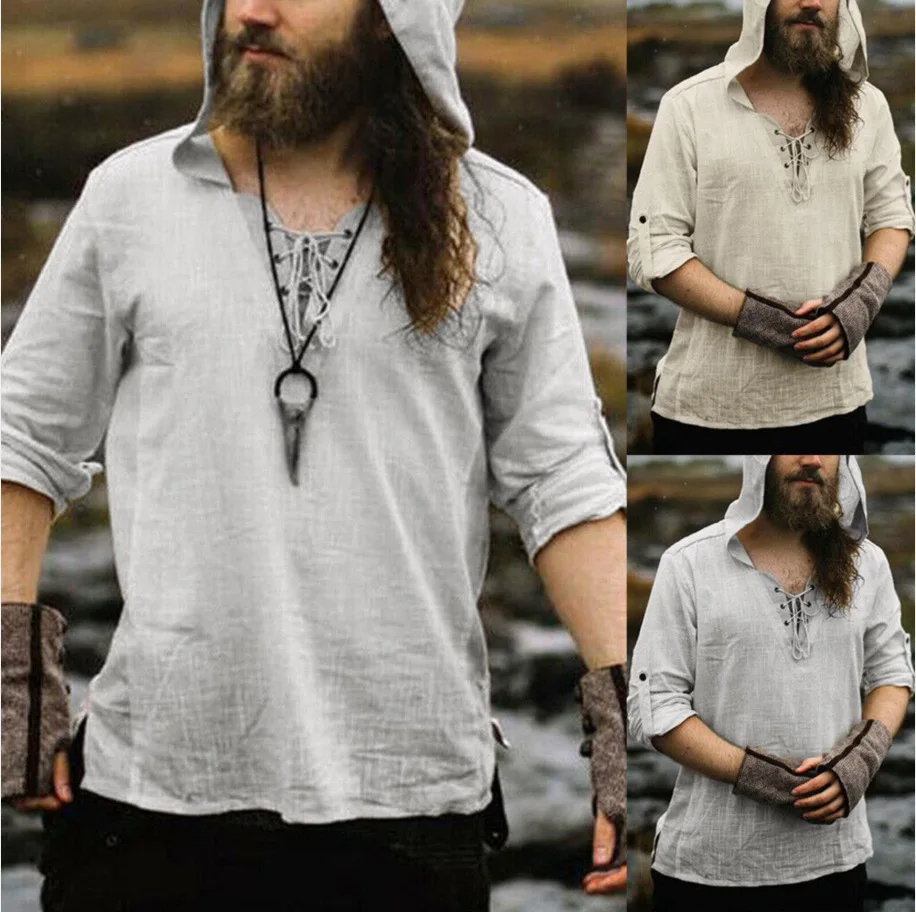 

Retro Medieval Pirate Viking Cosplay V-neck Shirt Vintage Casual Male Hooded Knight Linen Renaissance Tunic Bandage T-shirt
