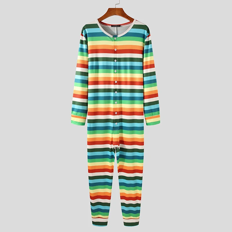 

Striped Men Pajamas Jumpsuit Homewear O Neck Long Sleeve Leisure Fitness Overalls Cozy Button Men Nightwear Rompers 5XL INCERUN