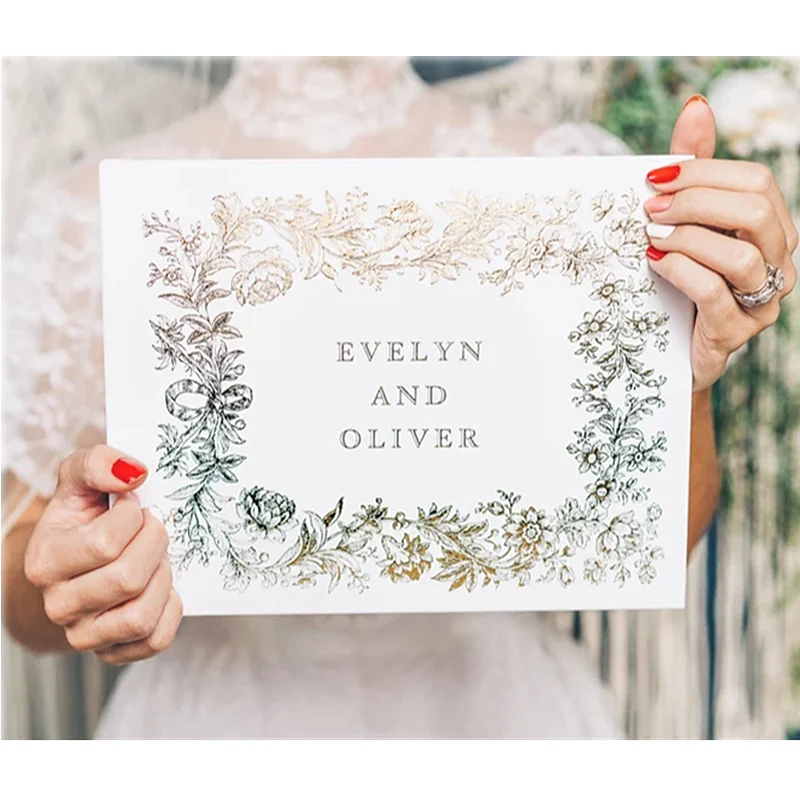 

Золотая свадебная книга для гостей на заказ, винтажная горизонтальная Свадебная книга с цветочным рисунком, Золотая фольга в твердом переп...