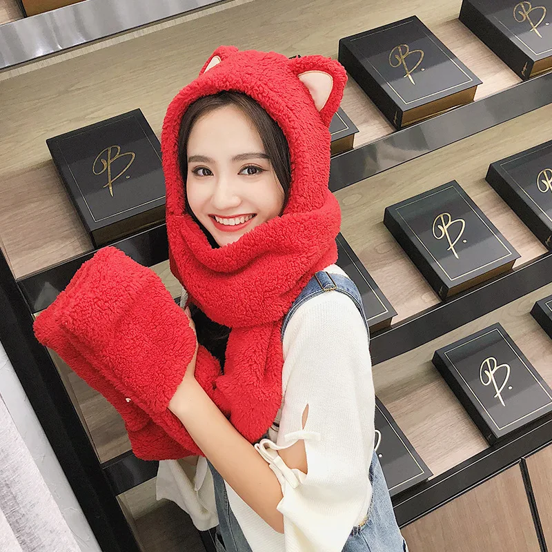 

Hat for Women Multipurpose Winter Adult Solid Color Scarf Gloves One lovely Warm Cap hedging hats Cartoon headgear hat scarf