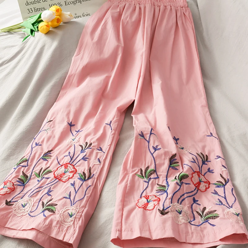 

Korean Chic Women Embroidery 2pcs Set Vintage Sexy V-neck Sleeveless Single Breasted Tops + Embroidered Pants Two Piece Set 2021