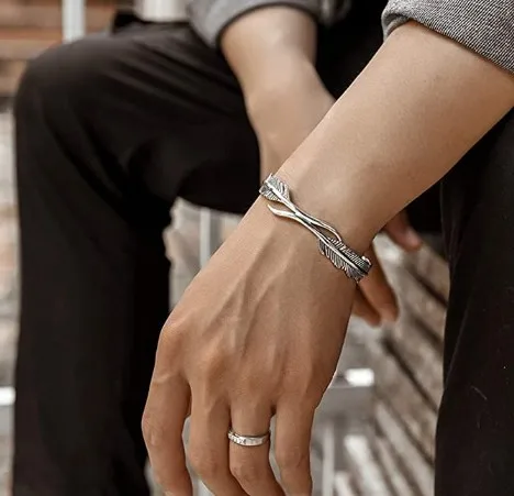 

Винтажный тайский серебряный браслет с двойными перьями, открытый простой браслет с лесными листьями, браслет для пары, двойное перо, брасл...