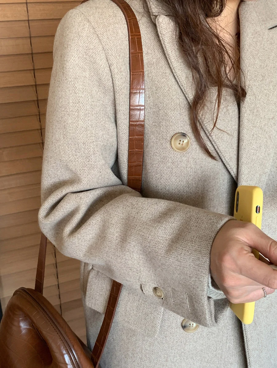 

New Chic Woolen Women Jacket Office Lady Work Coat Ladies Double Breasted Outerwear Tops