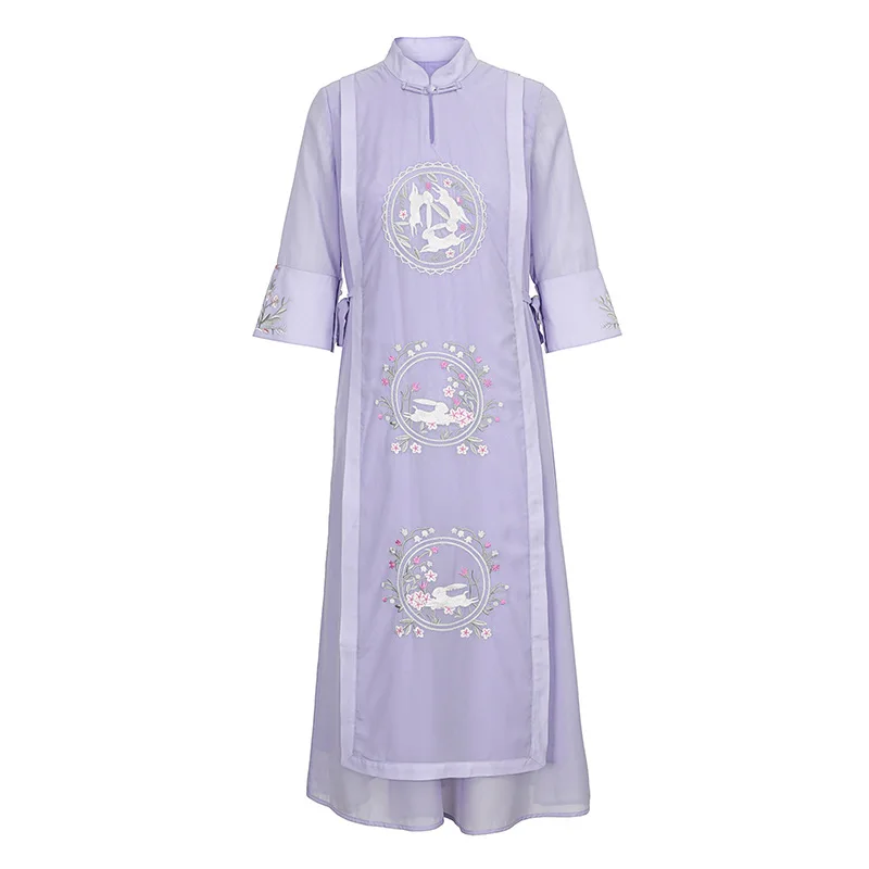 

Summer Fashion 2021 White Purple Dress High Quality Women Exquisite Embroidery 3/4 Sleeve Mid-Calf Length Vintage Retro Dress
