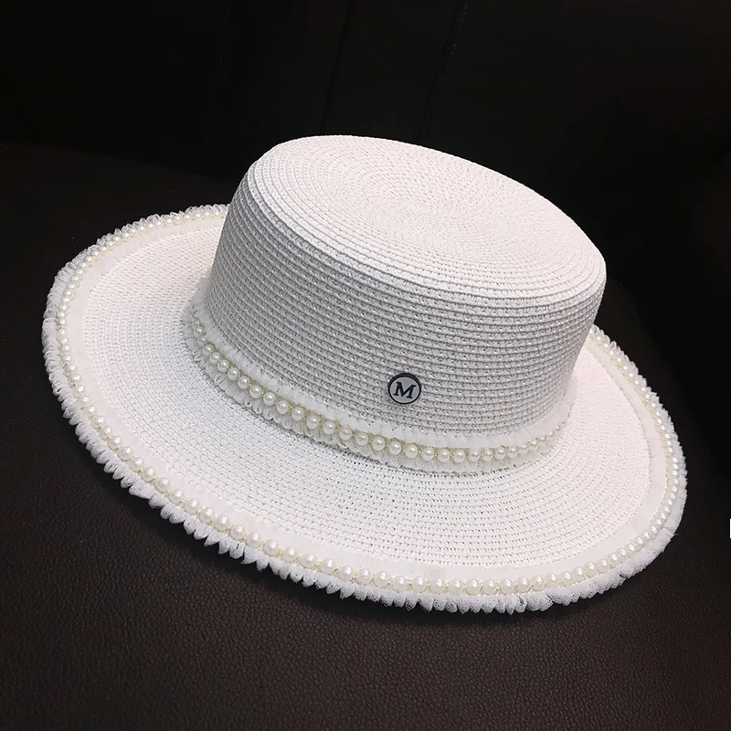 

Hat, female retro French lady, lace pearl flat top straw hat, summer sun protection, sun shading, vacation sun hat