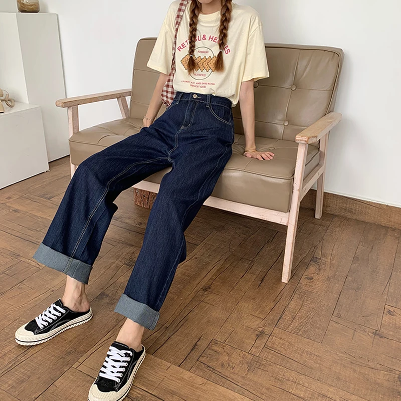

Small Jeans for Women Spring and Autumn 2021 New Korean Style High Waist Loose Wide Leg Pants Figure Flattering Mopping Pants