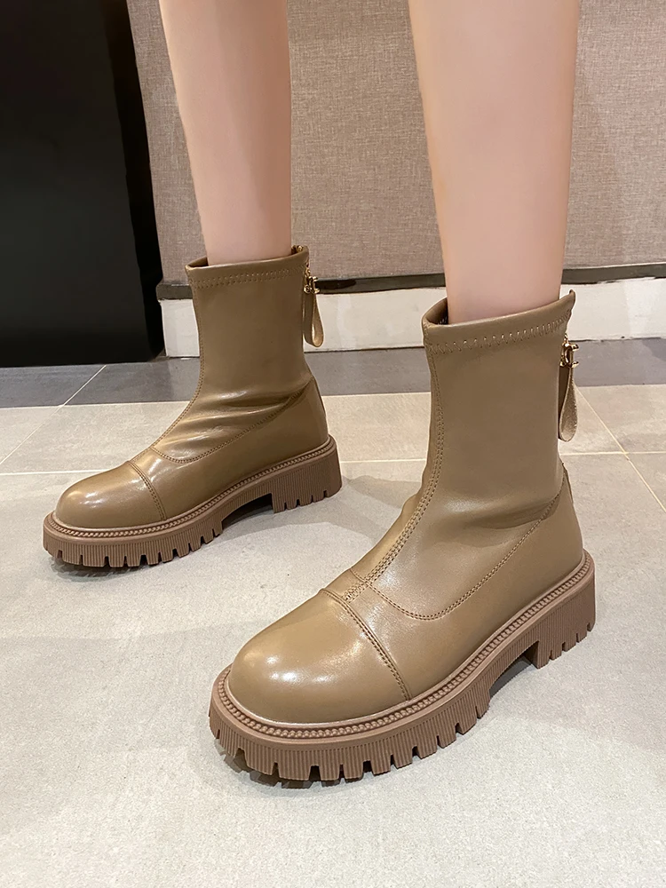 

Женские сапоги на плоской подошве, Дизайнерские Сапоги до середины икры, с круглым носком, на молнии сзади, с резиновой подошвой, модная обув...