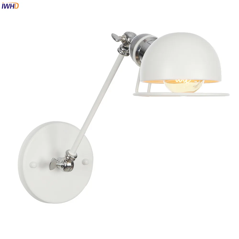 

IWHD RH Loft Decor Retro LED Wall Light Fixture Bedroom Mirror Stair Beside White Arm Industrial Vintage Wall Lamp Sconce Edison