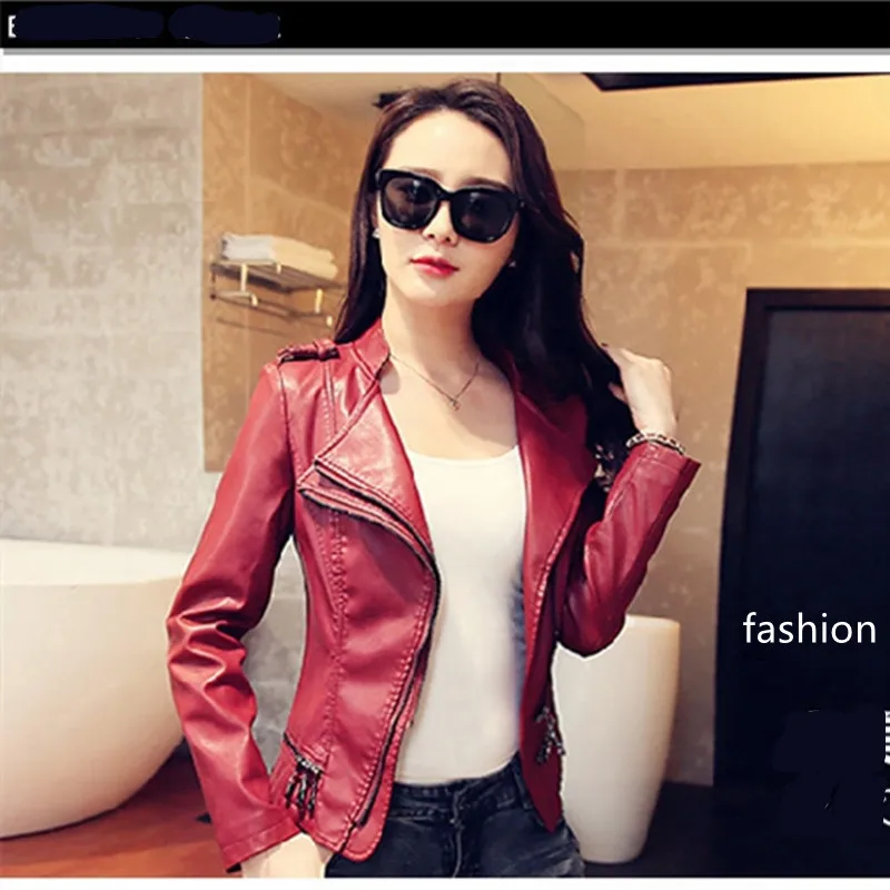 Модная женская осенне-зимняя кожаная куртка красного и черного цвета Изысканные
