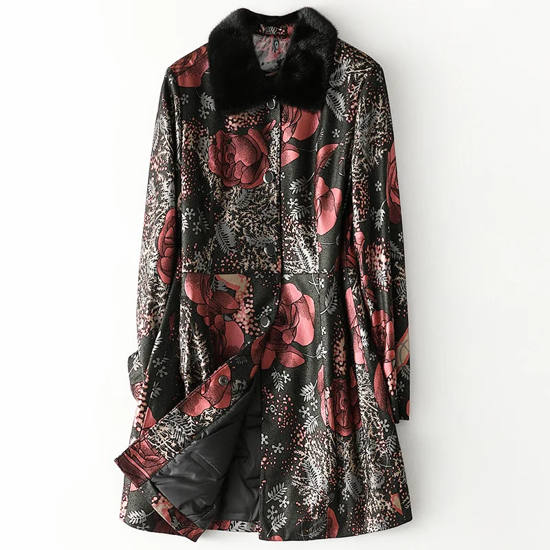 Genuine Sheep Leather Coats for Mother Mink POLO Collar Print Flower Single Breasted Women Overcoats Winter Warm 4XL 5XL Outwear