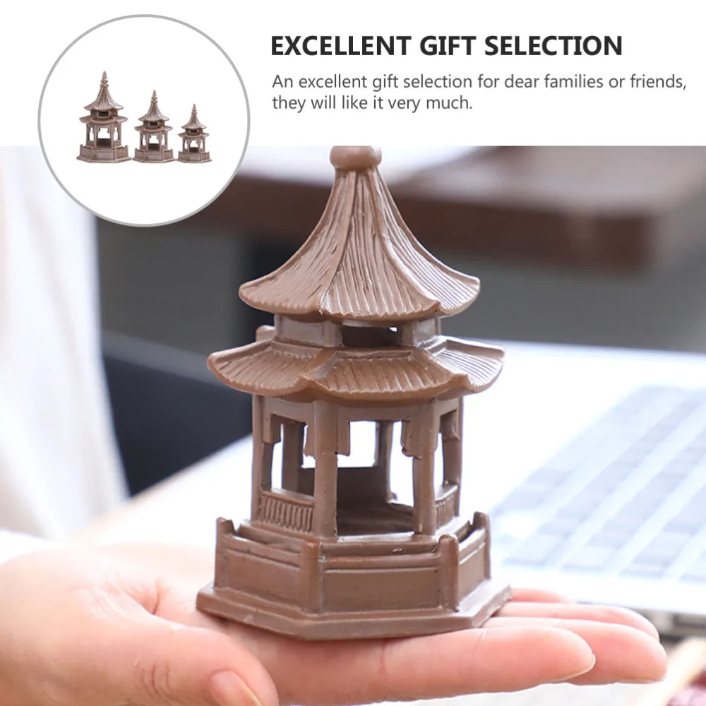 

3Pcs Ceramic Desktop Handicraft Pavilion Micro-landscape Decoration (Brown)