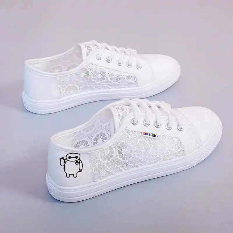 

Summer White Canvas Shoes Breathable Hollow Flat Bottom Student Net Shoes Versatile Lace Up Women's Running Shoes