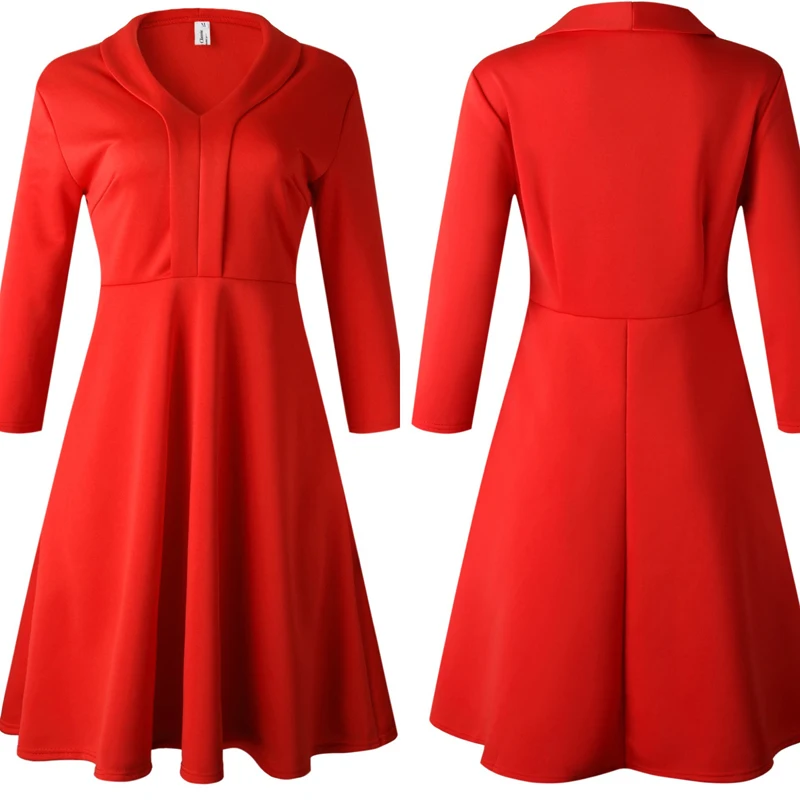 

African Style Women Red A Line Dress Office Ladies Elegant Pleated V-Neck Long Sleeve Knee Length Elastic Plus Size Female 2021
