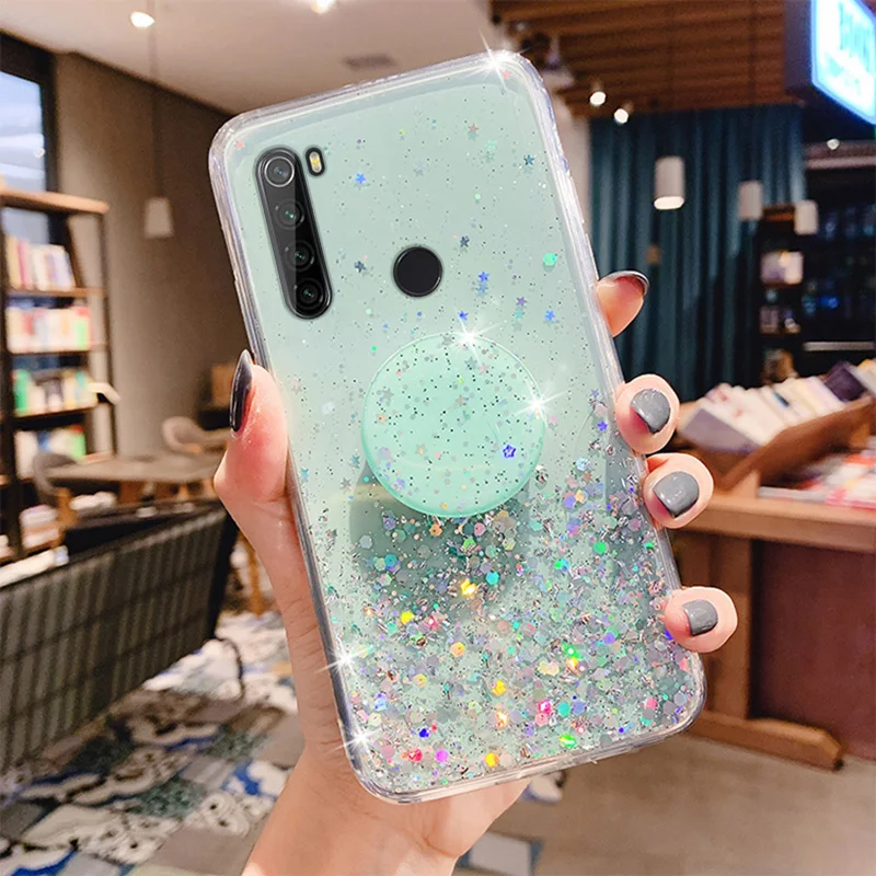 silver foil phone holder case for redmi note 9 9s 8 8t 7 6 5 pro 4 4x 5 9a 9c 8a 7a 6a 5a 10x glitter soft silicone stand cover free global shipping