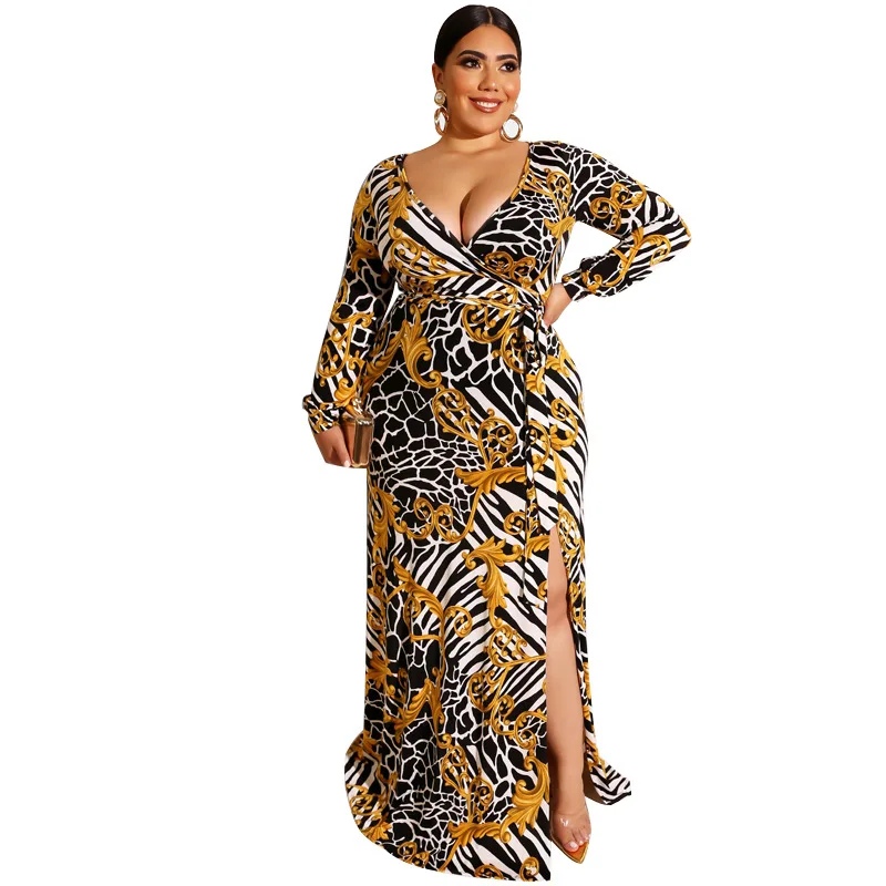 

2019 Autumn Women Fashion Print Plus Size Dress Lacing Tight-fitting Bag Hips Deep V-neck Long Sleeve Hem Split-fork Sexy Dress