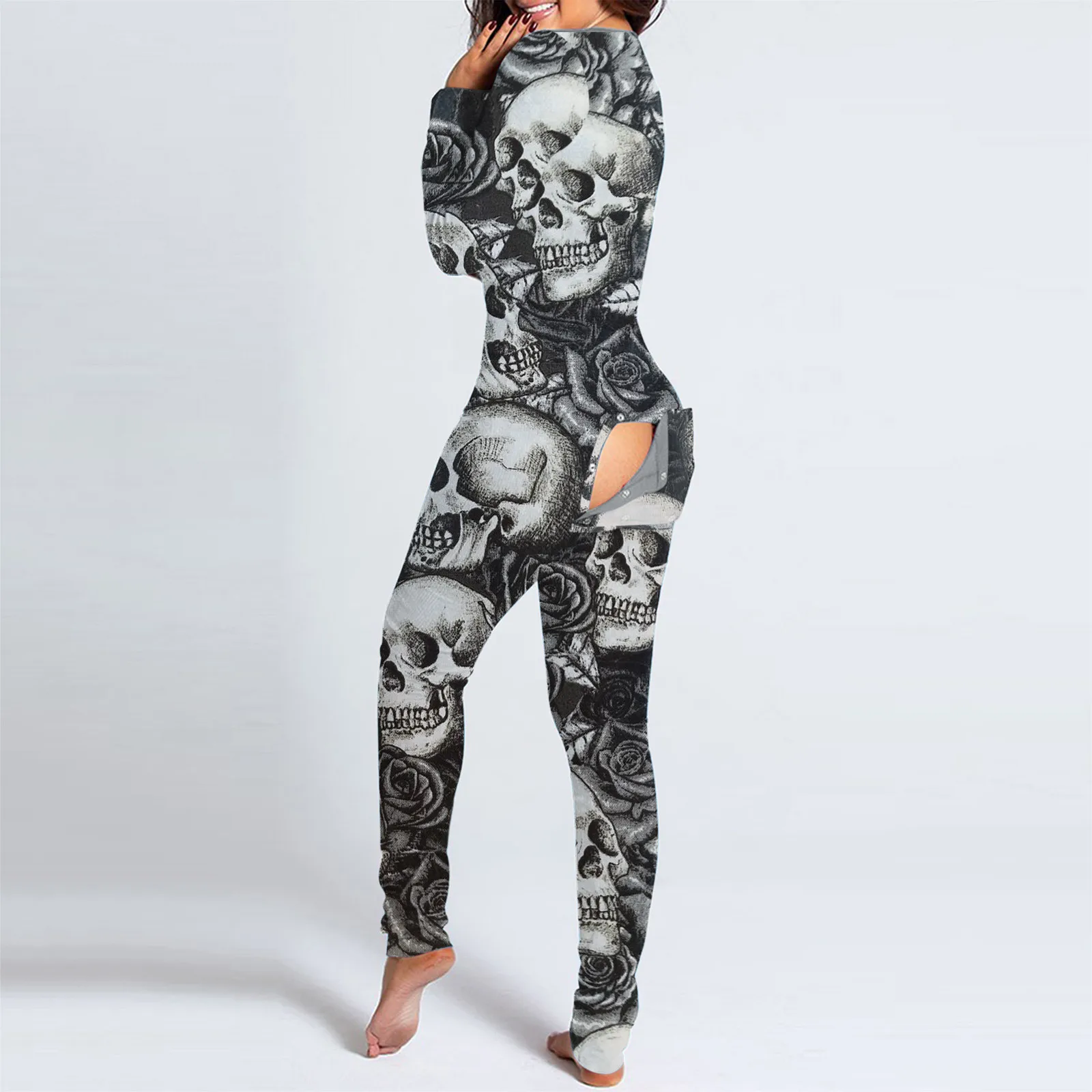 

New Sexy Women Onesies Halloween Print Pajama Button-down Front Functional Buttoned Flap Adults Pyjama Long Sleeve Onesie