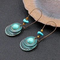 retro fashion hot sale india stylish round metal alloy earrings female creative big ear hook turquoise earring gift