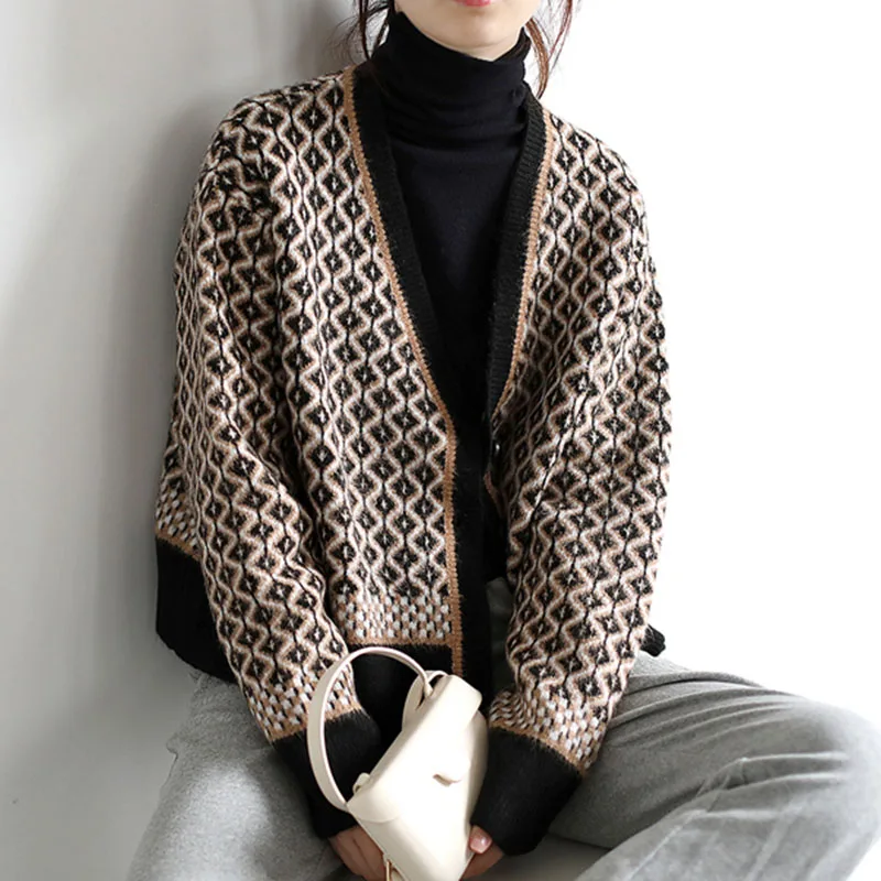 

LJSXLS Autumn V Neck Vintage Knitted Sweater Women Winter Button Cardigan Mujer Loose Oversized Jacket Long Sleeve Tops Female