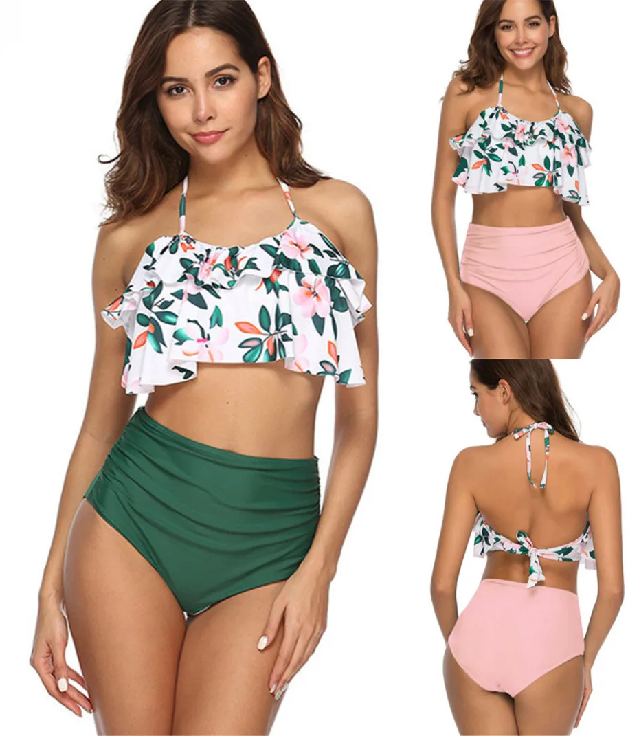 

Сексуальное бикини с высокой талией, топ с лямкой на шее, купальники, женский купальник с оборками, комплект бикини в стиле ретро, купальные ...