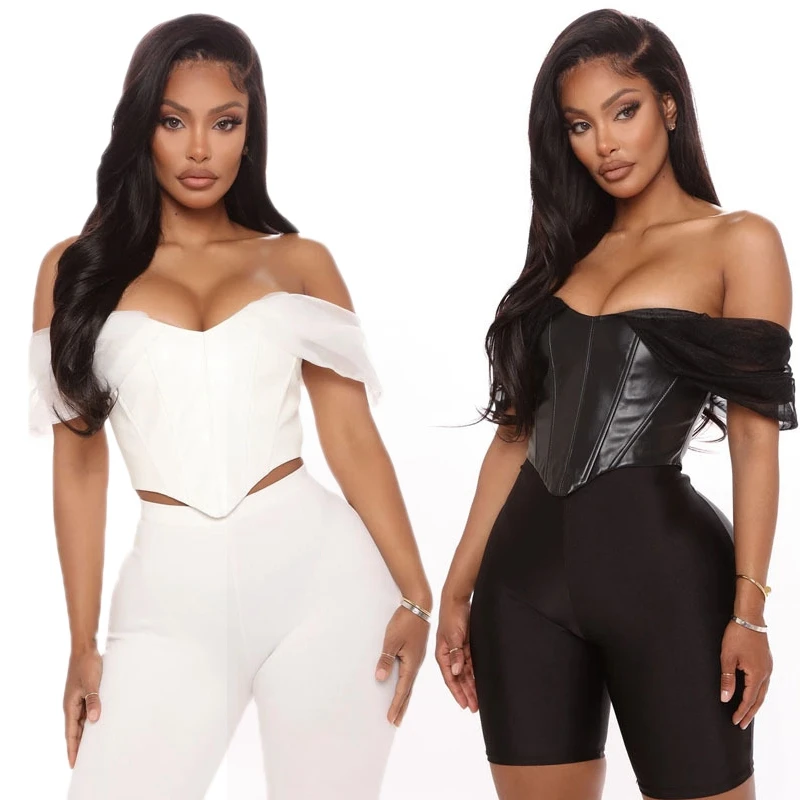 

Сексуальный корсет из искусственной кожи Бюстье Топ с открытыми плечами шифоновый без бретелек сетчатый топ женские короткие топы Одежда