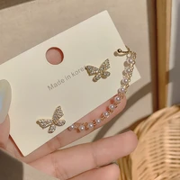 mengjiqiao korean delicate micro paved zircon butterfly drop earrings for women girls fashion pearl chain pendientes jewelry