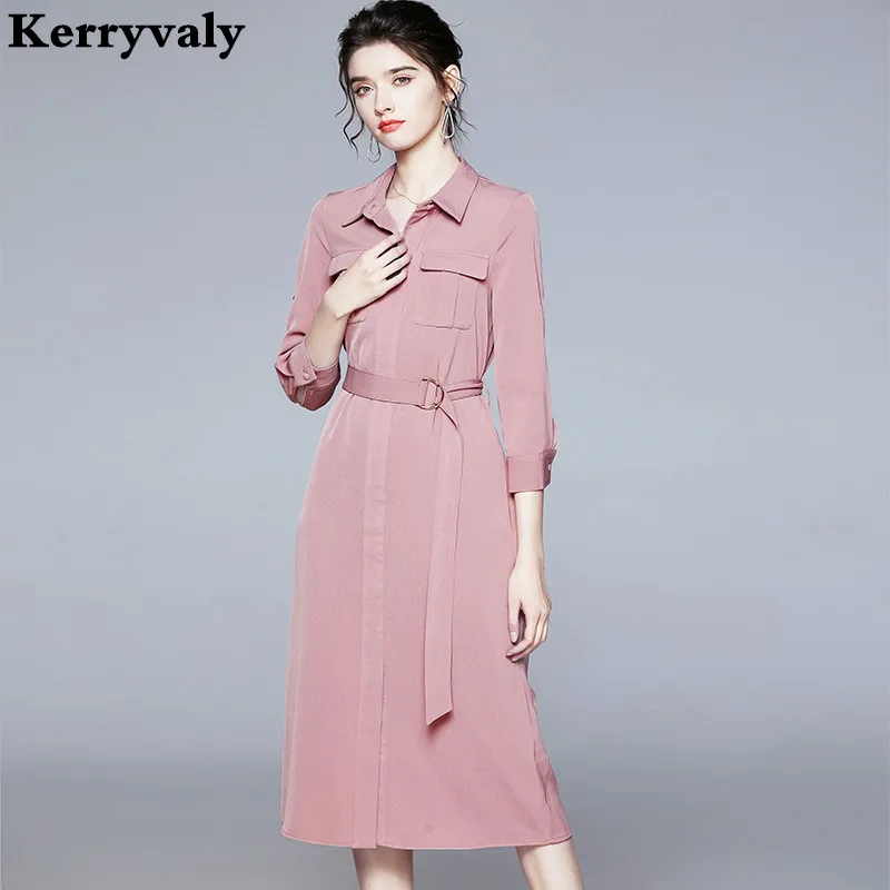 

Autumn Korean Long Sleeve Pink Shirt Dress Vestido Invierno Mujer 2021 Midi Women Vintage Dress Robe Moulante Femme K8714