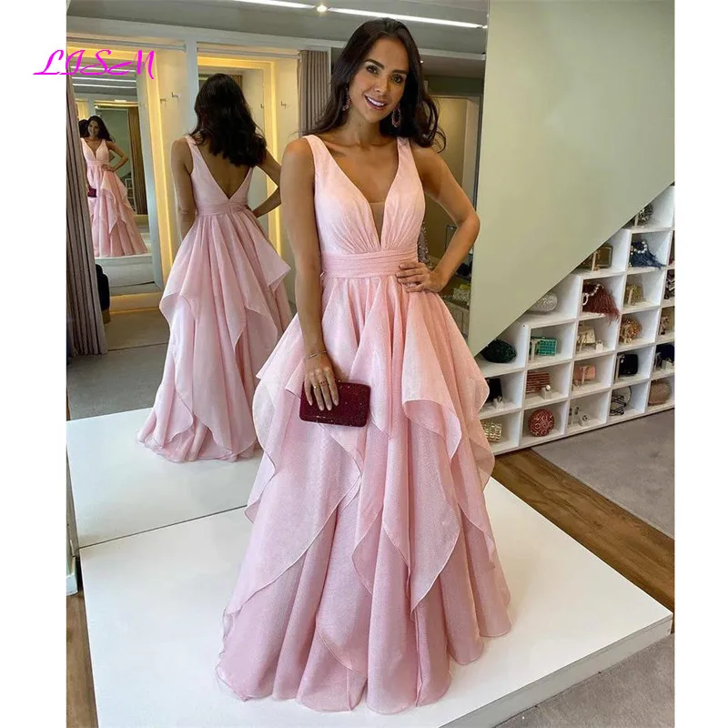 Купи Elegant Pink Ball Gown Prom Dresses Deep V-Neck Sleeveless Tulle A-Line Formal Gown Sexy Backless Puffly Long Evening Dress за 5,334 рублей в магазине AliExpress