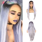 X-TRESS синтетические парики с детскими волосами Синтетические волосы на кружеве парик для Для женщин темные корни эффектом деграде (переход от темного к фиолетовый Серый цвет прямой парик шнурка Бесплатная часть