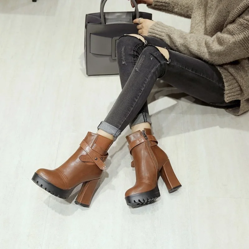 FXYCMMCQ 2021 Autumn/winter New Round Head Ultra High Heel 10 (cm) Knight Boots Spliced Temperament High Heels for Women  A13-6