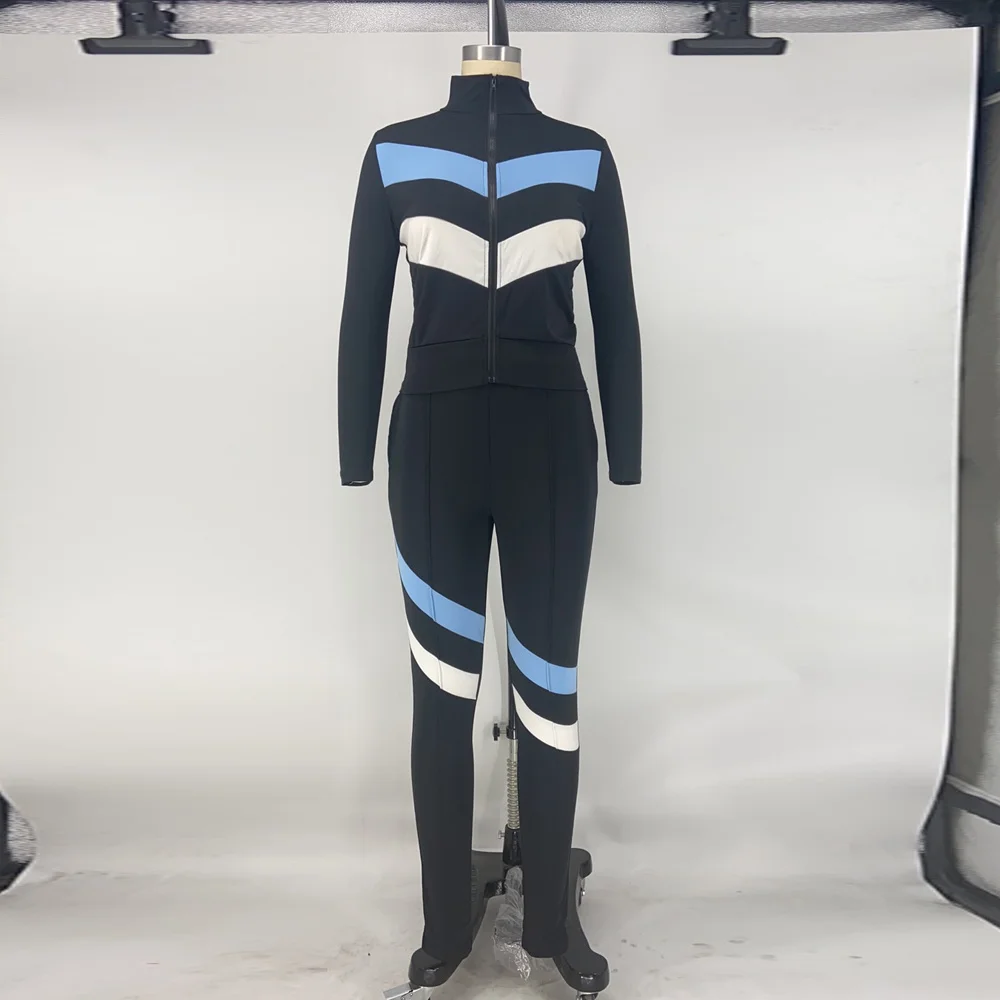 

Hot Sale Striped Patchwork Bandage Two Piece Suits Women 2021 Sexy Zipper Up Long Sleeve Jacket+high Waist Legging Sport Outfits