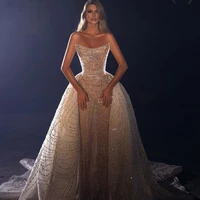 luxury strapless evening dresses glitter lace sequin sparkle prom gowns with detachable train ladies luxury vestido de novia