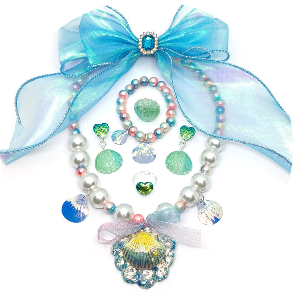

Girl Little Mermaid Party Accessories Necklace Ring Earring Bracelet Kids Toy Children Birthday Gift Elsa Headband