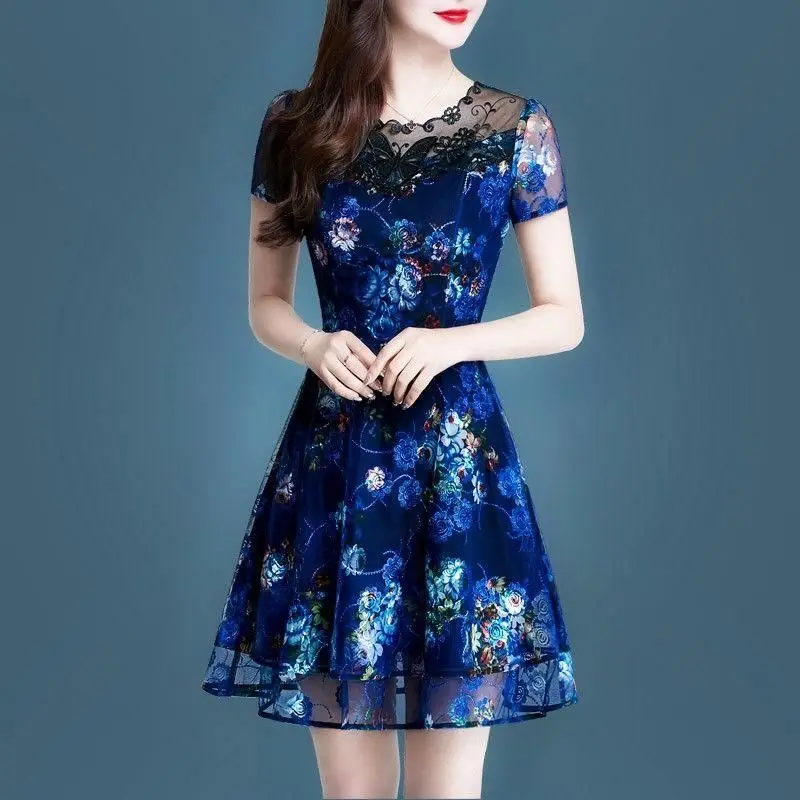 

Летняя юбка для женщин, новинка 2021, кружевное Сетчатое платье для девушек с застежкой на талию, женское платье с коротким рукавом