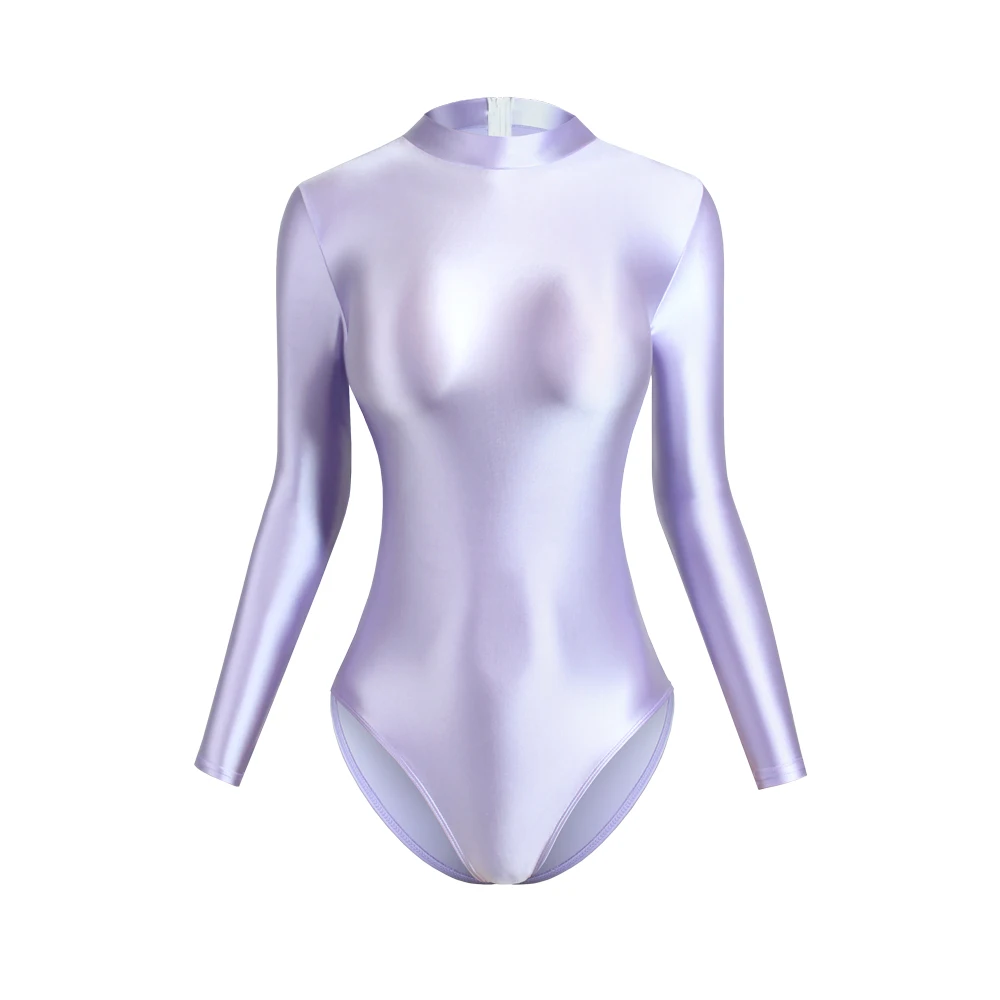 

Lunamy Sexy Satin Glossy Long Sleeves Leotards Back Zipper Bodysuit High Cut One Piece Swimwear Women Shiny Swimsuit