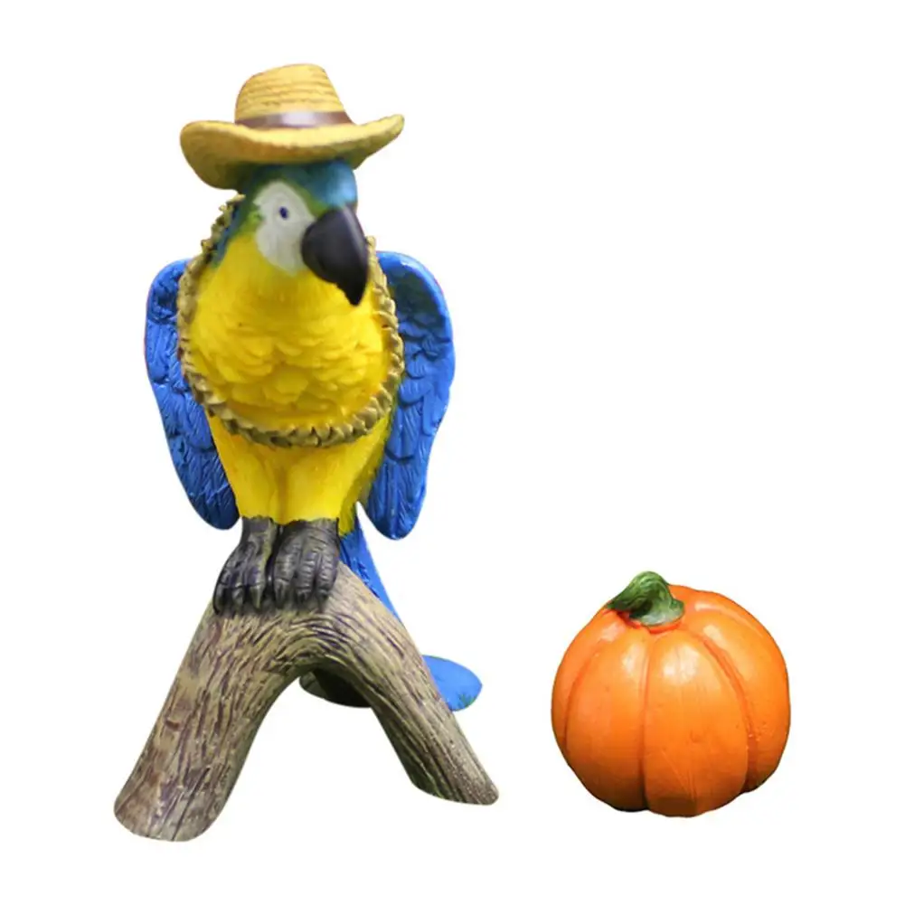 

Resin Parrot Statue Blue Bird Sculpture With Hat Pumpkin Artificial Parrot Figurine For Outdoor Garden Decoration Home Patio Yar