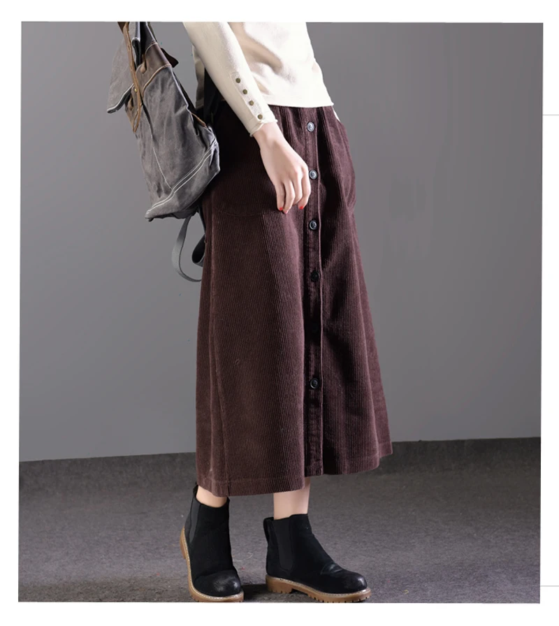 Lucyever Women Corduroy Long Skirt Autumn Winter Vintage Loose A-line Female High Waist Plus Size Thick Warm Ladies Faldas