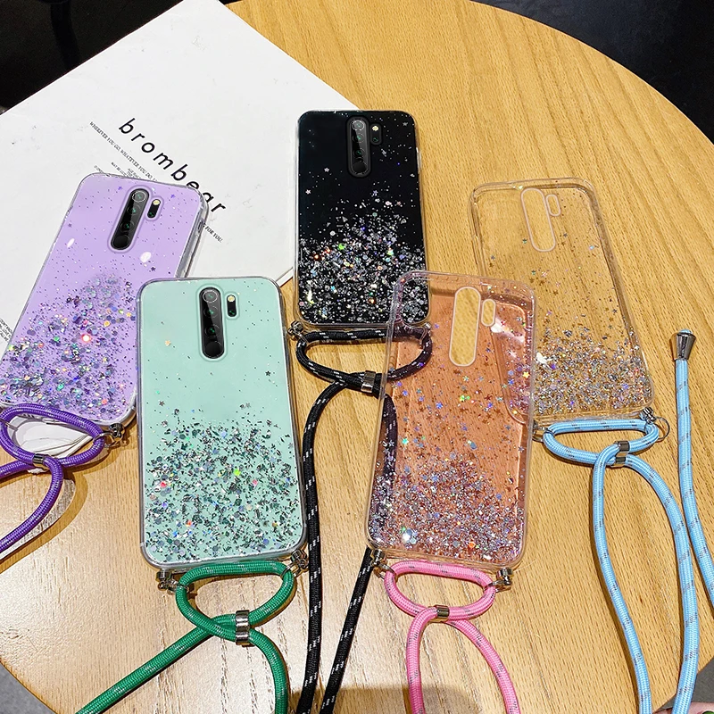 

Ultra-thin Bling Glitter Lanyard Silicone Phone Case For Xiaomi Redmi Note 9 8 Mi 11 10 9 T Lite Pro Luxury Necklace Rope Cover