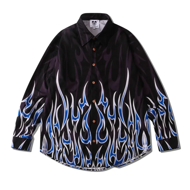 

#7228 Black Men Shirts Long Sleeve Flame Printed Shirt Loose Harajuku High Street Hip Hop Shirt Retro Mens Shirts Streetwear