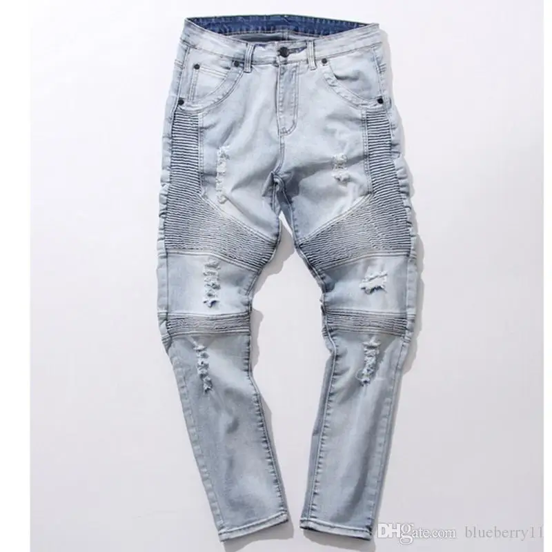 

slp blue/black destroyed mens slim denim straight biker skinny jeans Casual Long men ripped jeans Size 28-38