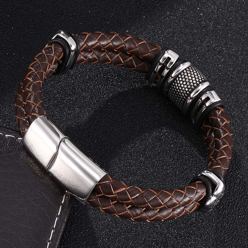 Новый Винтажный двойной коричневый кожаный браслет на запястье с косичкой
