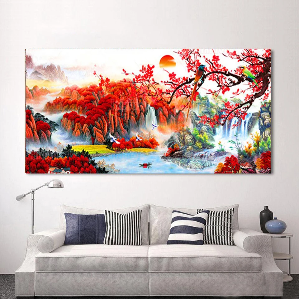 

Алмазная 5D картина «сделай сам», Красные Деревья, водопад, птица и цветок, квадратные круглые алмазные мозаики ручной работы, вышивка крестиком A1986