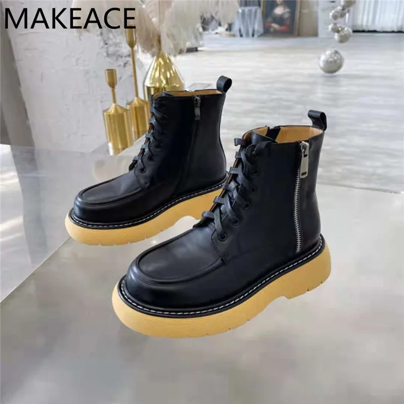 

Women Autumn New Round Toe Chelsea Boots Women Genuine Leather Thick Sole Ankle Boots Lace Up Platform Knight Short Boots Woman