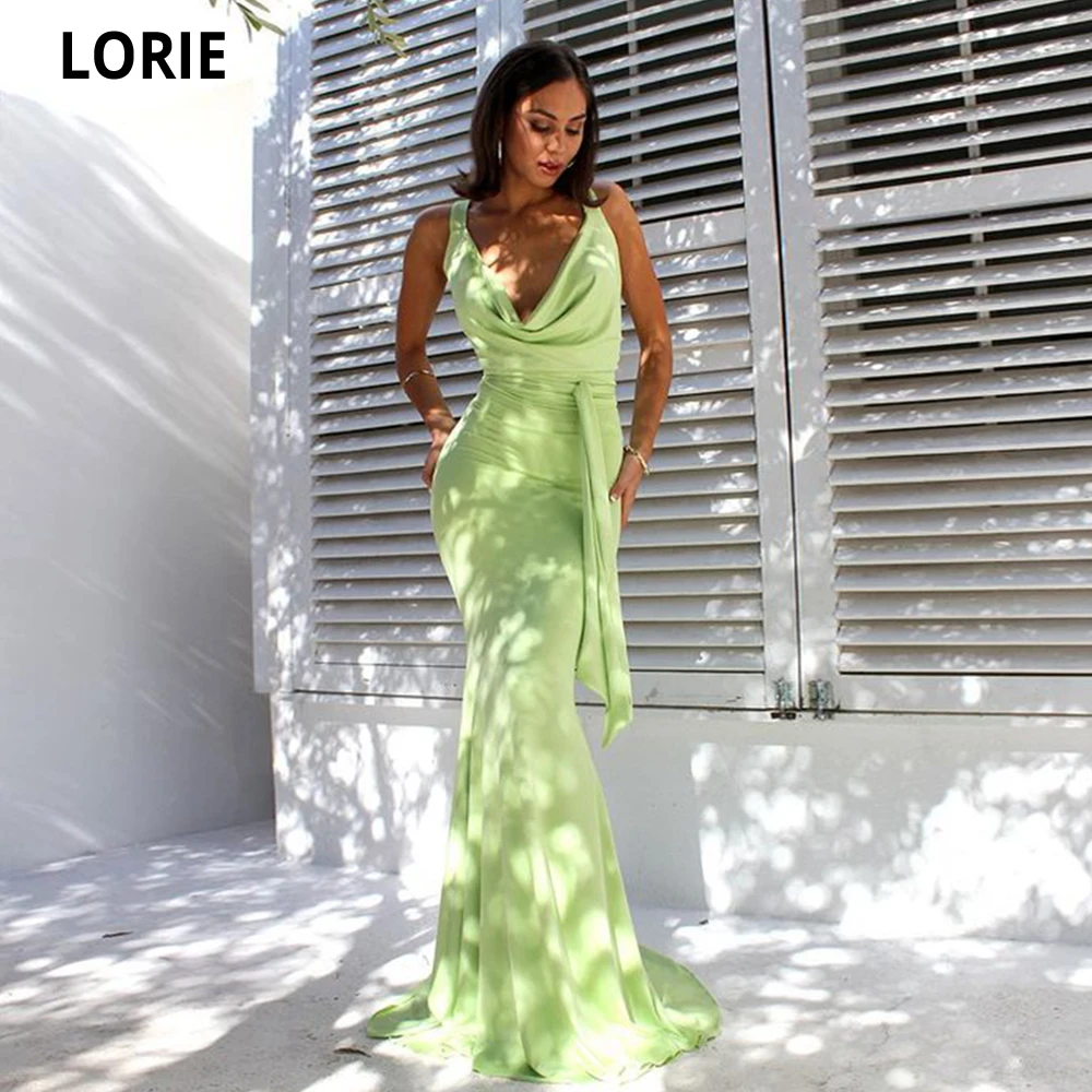 

LORIE Green Two Piece Soft Satin Mermaid Evening Dress V Neck Sleeveless Prom Gowns Celebrity Formal Occasion Dress Cross Back