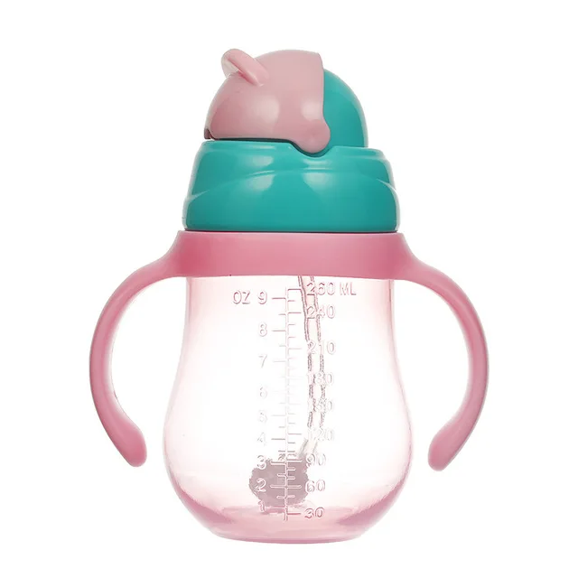 pink 260ml 330 мл милая детская чашка с соломинкой герметичные Детские для кормления питья бутылка для воды Двойная Ручка одежда для малышей обучения учебный Поильник с ремешком - Цвет: pink 260ml