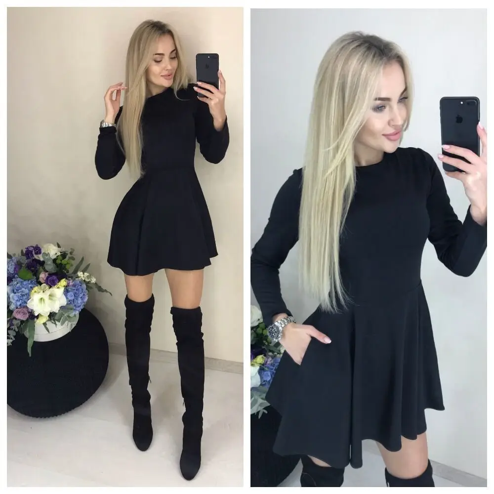 

2021 Women Autumn Tshirt Dress O-Neck Long Sleeve Pleated Plus Size Dresses Solid Color A-Line Casual Street Female Vestidos